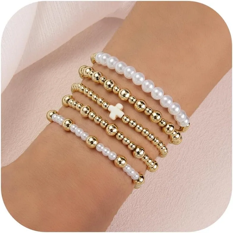 Long tiantian 5PCS Gold Beaded Bracelets for Women Non Tarnish Dainty Pearl Beaded Bracelet for Women Trendy Clay Bead Bracelets Stack Stretch Bracelets for Women Gifts 2025