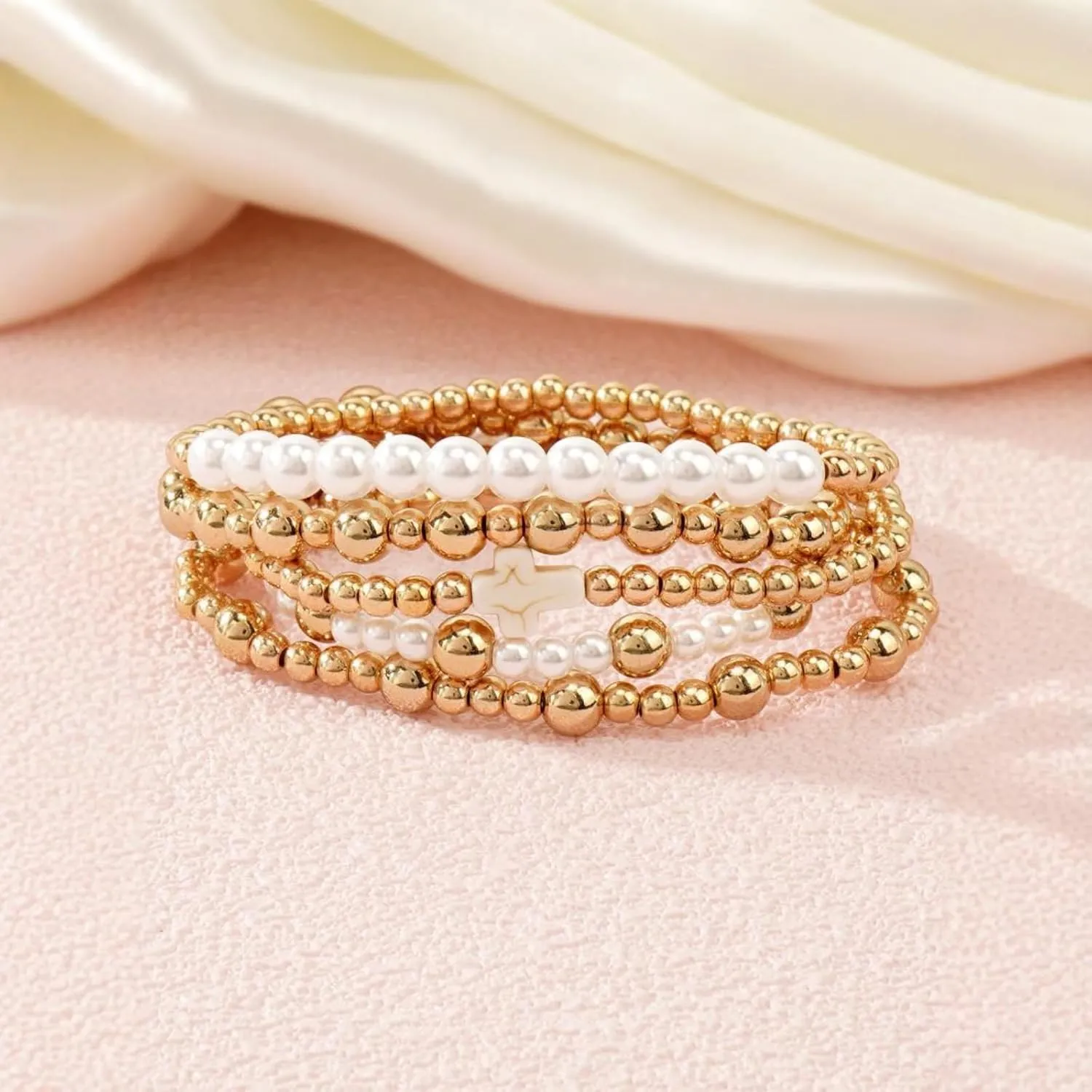 Long tiantian 5PCS Gold Beaded Bracelets for Women Non Tarnish Dainty Pearl Beaded Bracelet for Women Trendy Clay Bead Bracelets Stack Stretch Bracelets for Women Gifts 2025