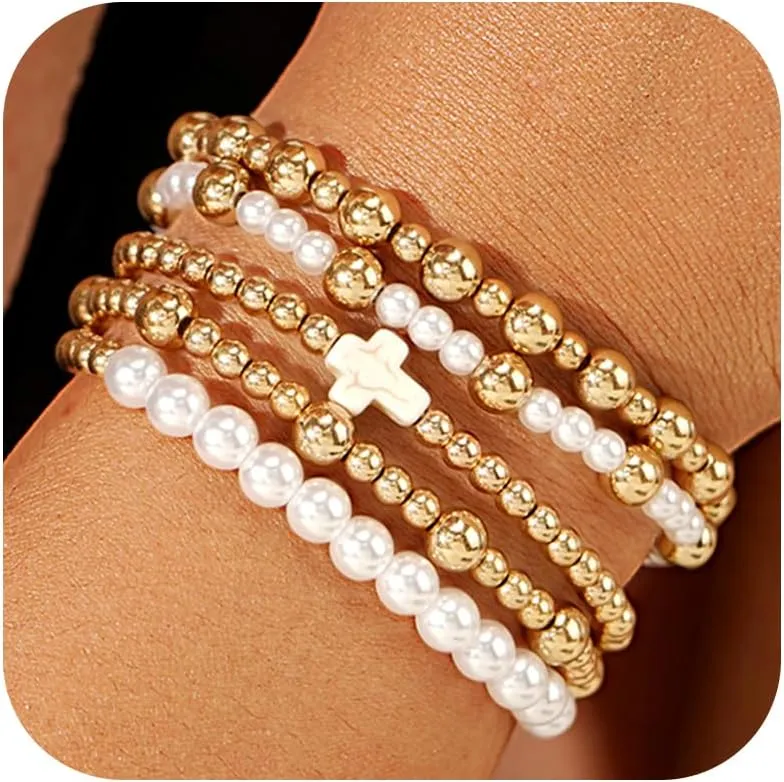 Long tiantian 5PCS Gold Beaded Bracelets for Women Non Tarnish Dainty Pearl Beaded Bracelet for Women Trendy Clay Bead Bracelets Stack Stretch Bracelets for Women Gifts 2025