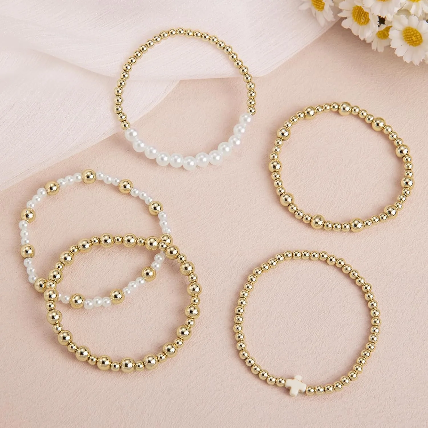 Long tiantian 5PCS Gold Beaded Bracelets for Women Non Tarnish Dainty Pearl Beaded Bracelet for Women Trendy Clay Bead Bracelets Stack Stretch Bracelets for Women Gifts 2025