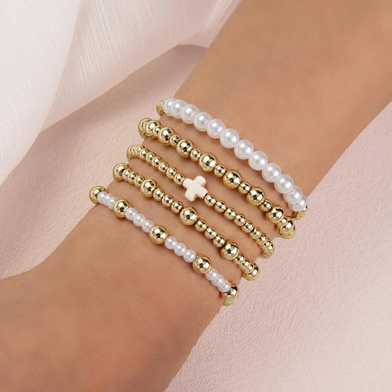 Long tiantian 5PCS Gold Beaded Bracelets for Women Non Tarnish Dainty Pearl Beaded Bracelet for Women Trendy Clay Bead Bracelets Stack Stretch Bracelets for Women Gifts 2025