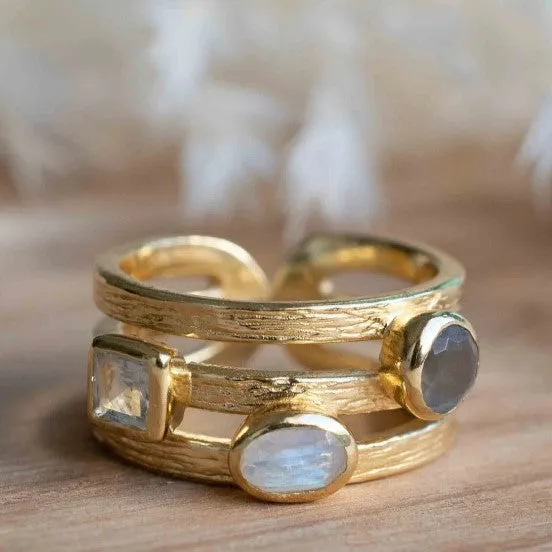 Moonstone, Labradorite and Blue Topaz 18k Gold Plated Statement Ring