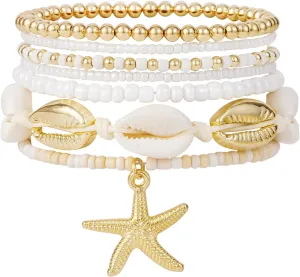 Shell Bracelet Boho Beaded Stretch Bracelets for Women Seashell Strand Bracelets Starfish Charm Jewelry Summer Beach Jewelry Stackable Crystal Gold Beads Bracelet for Women