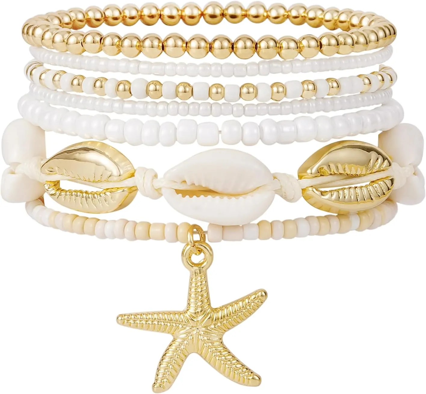 Shell Bracelet Boho Beaded Stretch Bracelets for Women Seashell Strand Bracelets Starfish Charm Jewelry Summer Beach Jewelry Stackable Crystal Gold Beads Bracelet for Women