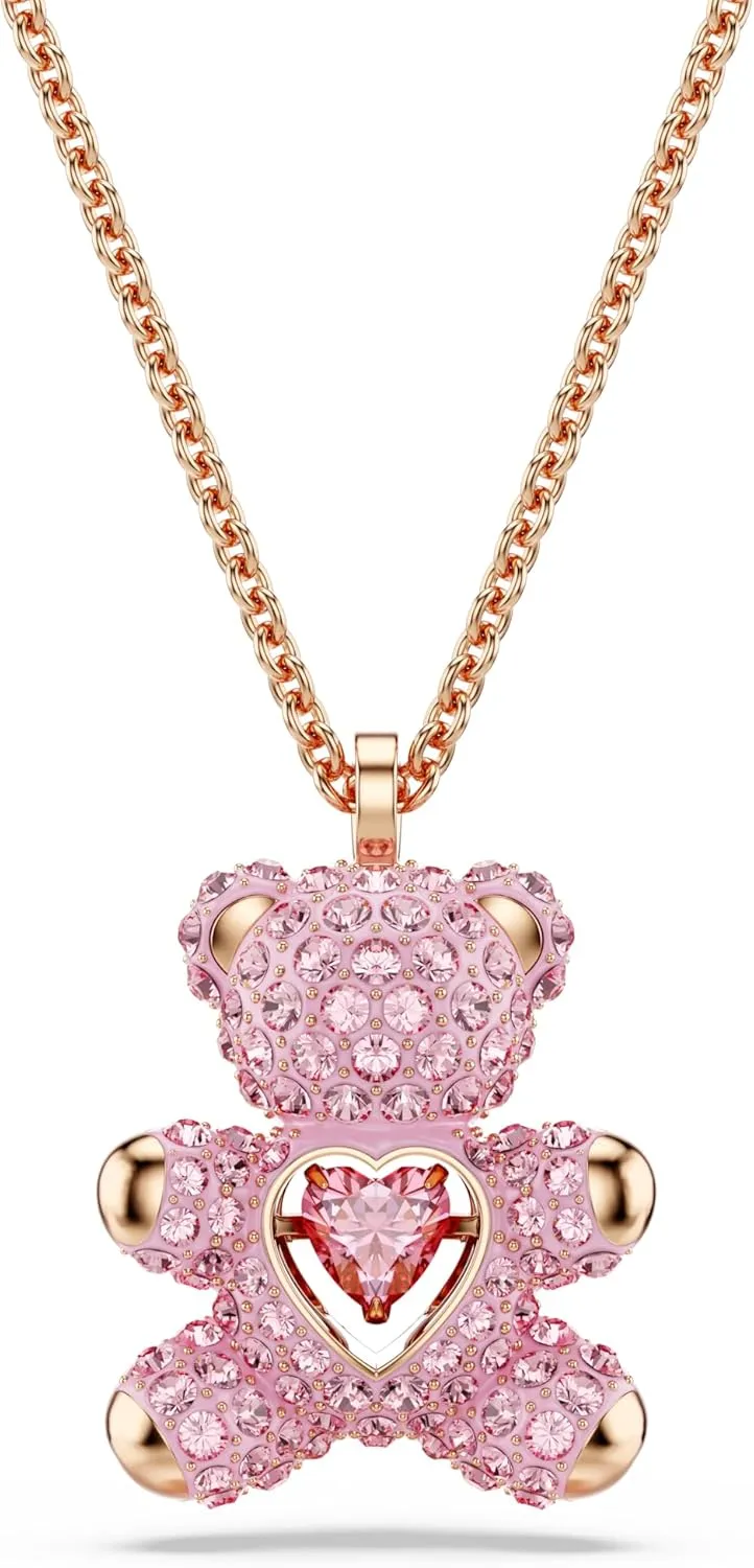 Swarovski Teddy Bear Pendant Necklace, Pink Crystals, Rose Gold-Tone Finish