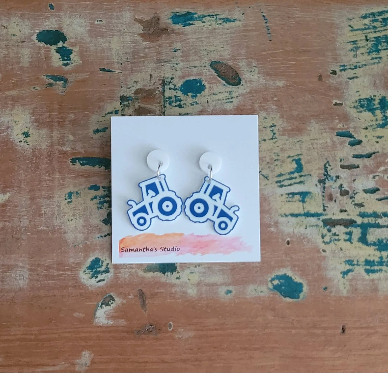 Tractor Dangle earrings Blue & White, Country farming
