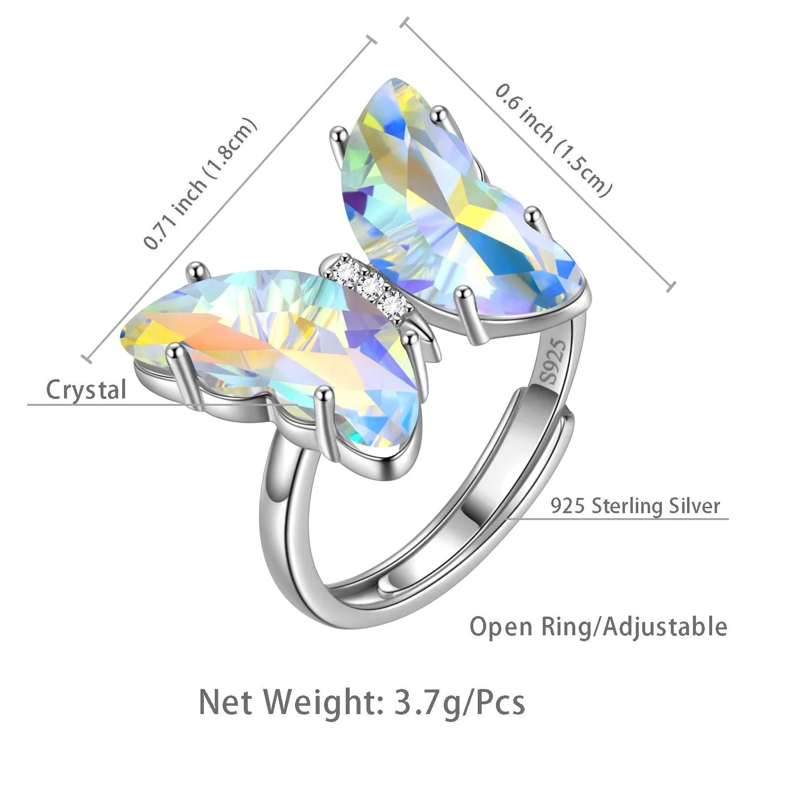 White Butterfly Ring April Diamond Birthstone Women Girls Jewelry Birthday Gift